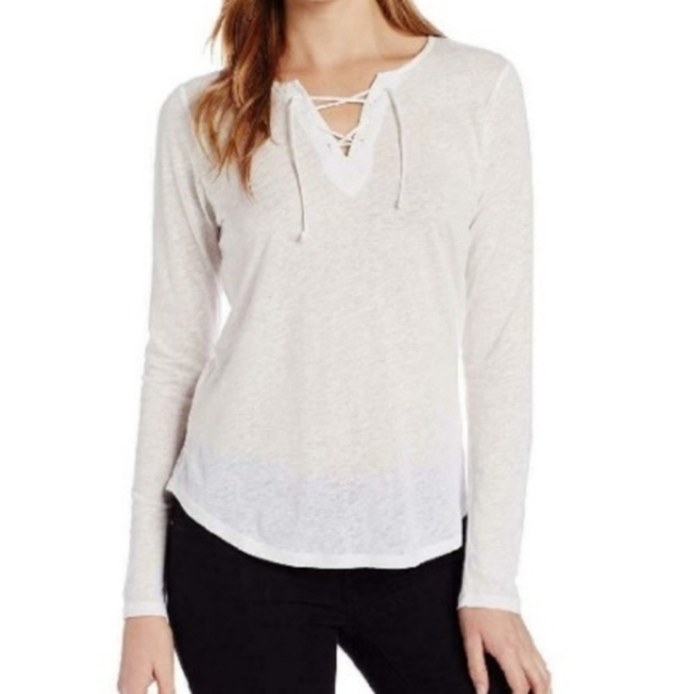 NYDJ Front Lace Linen Blend Long Sleeve Top White L